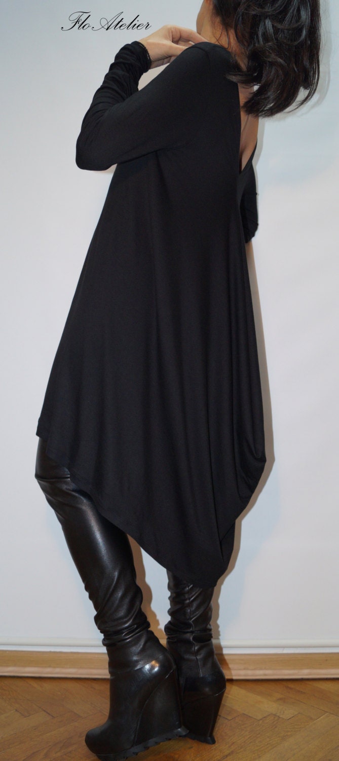 Black Asymmetrical Tunic/black Long Sleeve Kaftan/handmade - Etsy