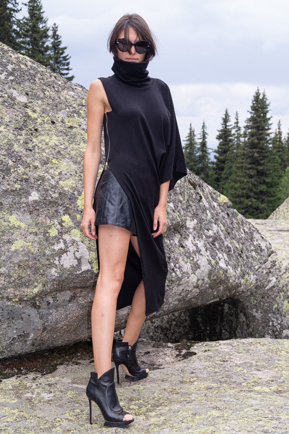 asymmetrical sweater dress Black Handmade Asymmetrical Sweater/Knitwear/Sweater Dress/Long Pullover/Loose Plus Size Sweater/One Shoulder Sweater/Open Back Blouse/F1717