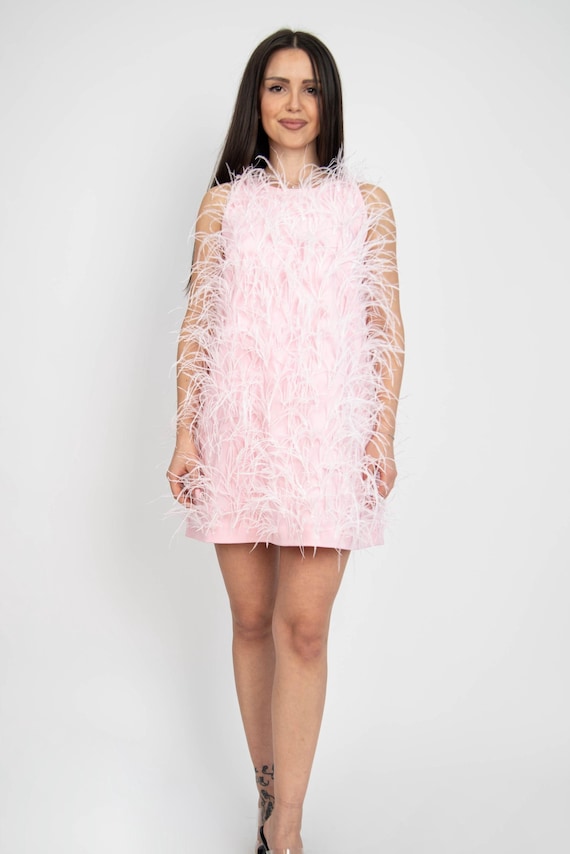 Luxury Baby Pink Ostrich Feather Mini Dress/Handmade A-Line Party Dress/Custom Dress/Stella Dress/F2534 Luxury Baby Pink Ostrich Feather Mini Dress/Handmade A-Line Party Dress/Custom Dress/Stella Dress/F2534