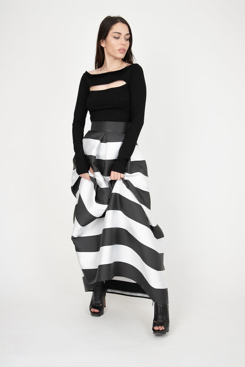 Black/White Long Maxi Skirt/High or Low Waist Skirt/Long Waistband Skirt/Handmade Striped Skirt/Black Stripe Skirt/Formal Skirt/Skirt/F1035 image 7