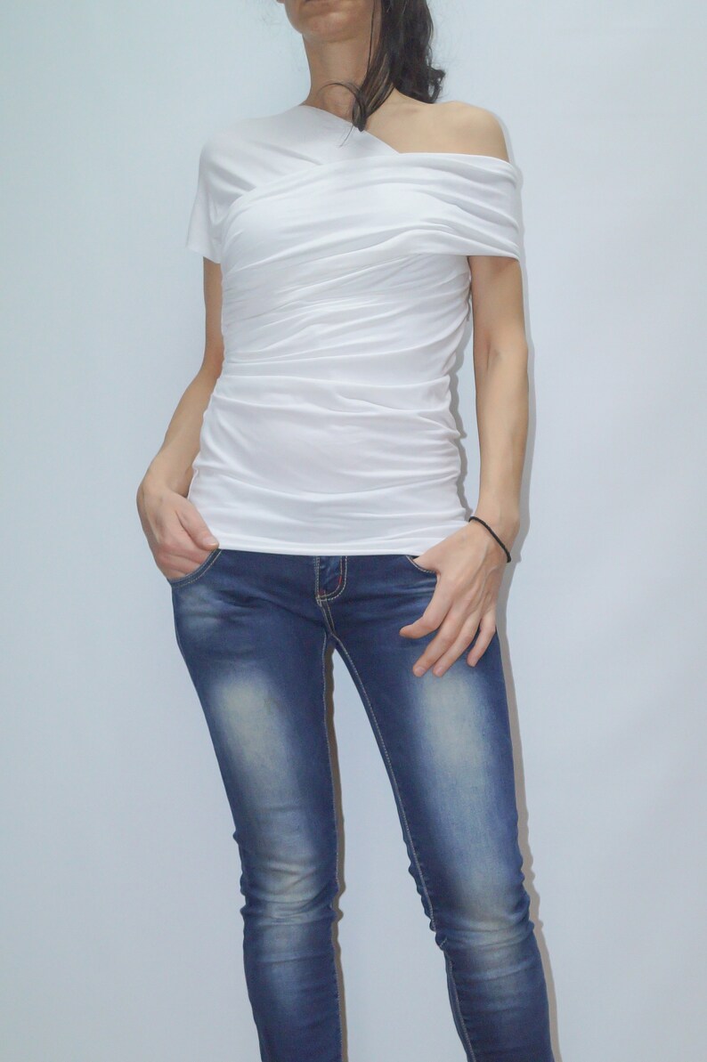 White Woman Blouse/Sexy Top/White Shirt/Jersey Slim Shirt/Top With Open Shoulders/Blue Top/White Casual Tunic/Handmade White Top/Top/F1451 immagine 7