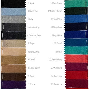 May include: Wool cashmere blend fabric swatches in 26 different colors, including white, black, light blue, gray, middle gray, charcoal gray, beige, light camel, camel, light brown, brown, purple, sacramento, forest green, sea green, military green, steal blue, navy blue, royal blue, petrol, teal, french rose, wine red, raspberry, burgundy, and red.