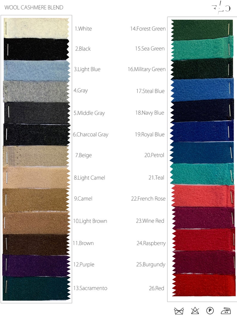 May include: Wool cashmere blend fabric swatches in 26 different colors, including white, black, light blue, gray, middle gray, charcoal gray, beige, light camel, camel, light brown, brown, purple, sacramento, forest green, sea green, military green, steal blue, navy blue, royal blue, petrol, teal, french rose, wine red, raspberry, burgundy, and red.