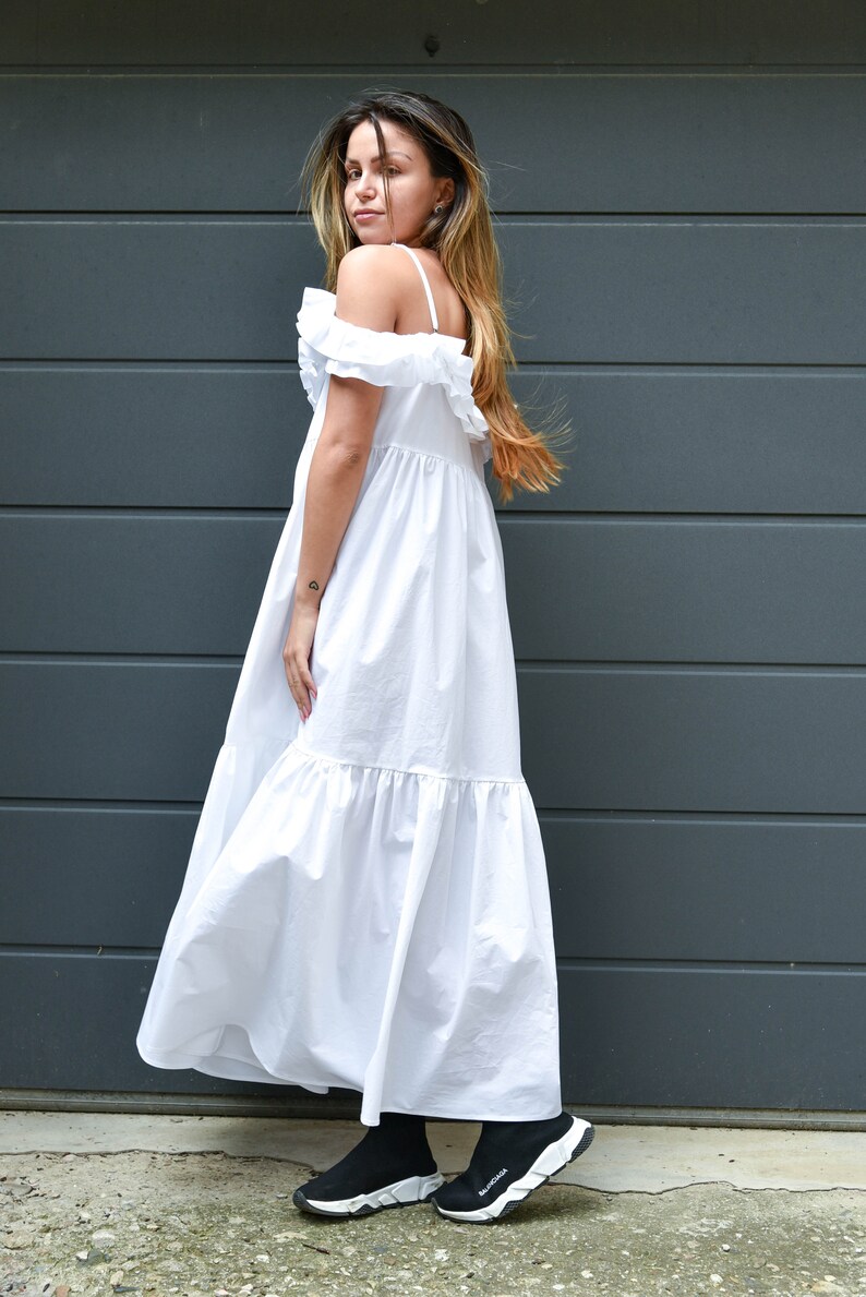 White Romantic Dress/Ruffled Dress/Off Shoulder Dress/Open Back Dress, Beach Dress/Summer Dress/Long Maxi Dress/Loose Dress/ Oversized/F2158 image 7