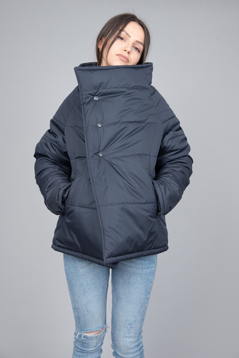 Oversized Quilted Polyester Jacket, High Neck Collar/F2287 image 8