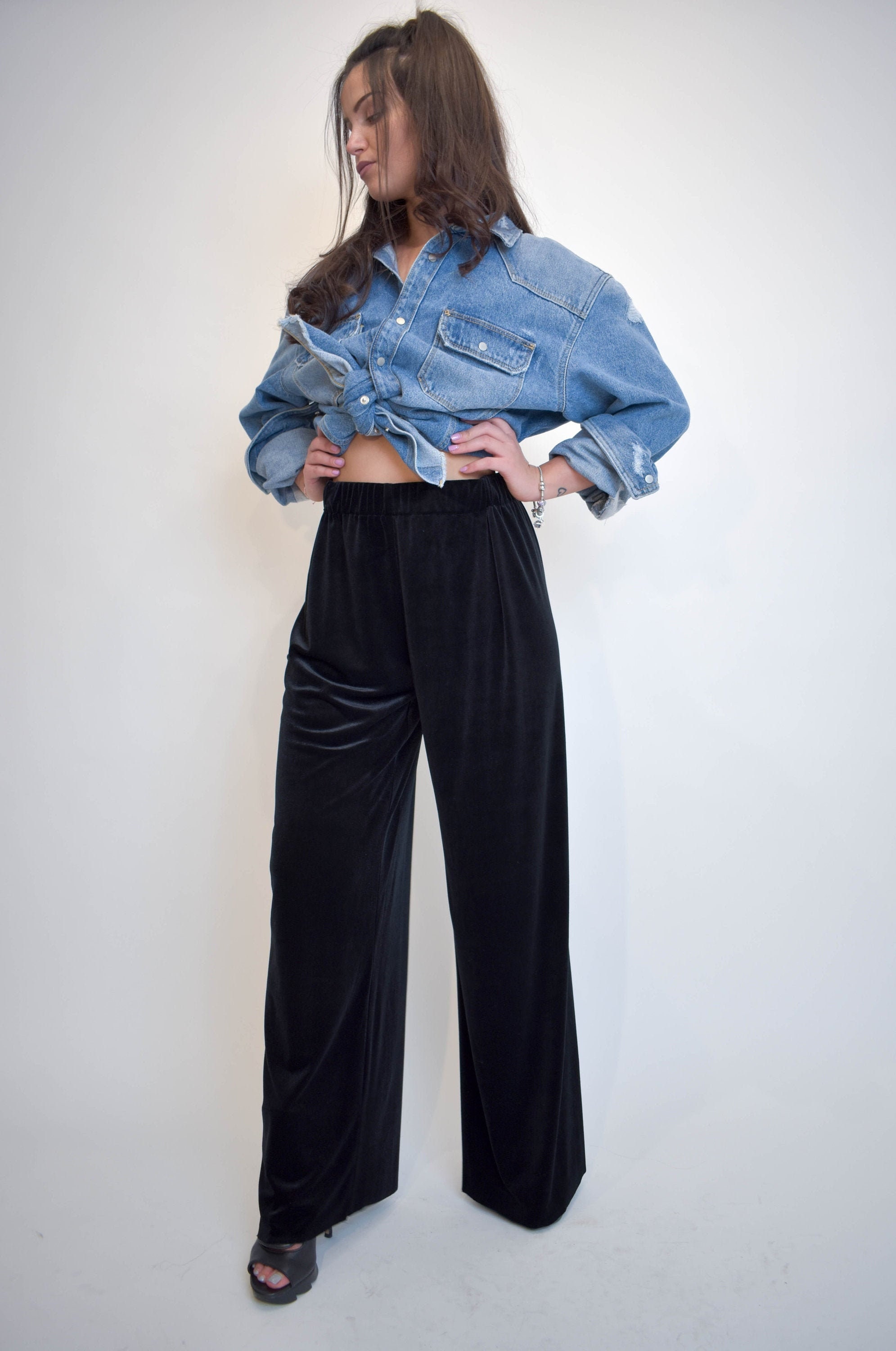 Yasmin Devonport Black Velvet Wide Leg Trousers  In The Style