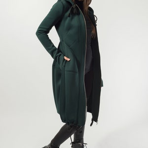 Hooded Long Neoprene Coat/Winter Cape Coat/Neoprene Coat/Long Sleeve Trench Coat/Large Pockets Coat/Autumn Winter Green Coat/F1824 image 3