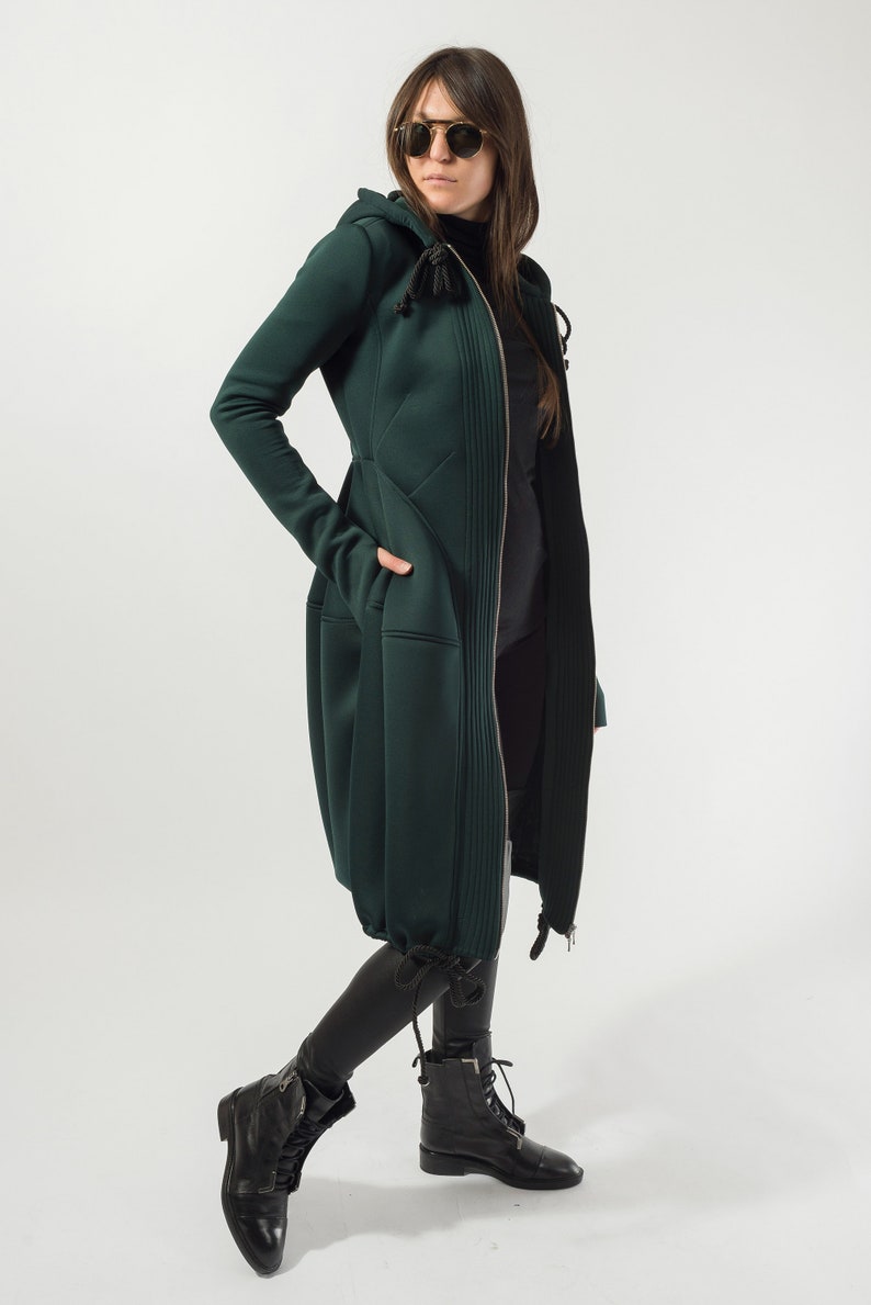 Hooded Long Neoprene Coat/Winter Cape Coat/Neoprene Coat/Long Sleeve Trench Coat/Large Pockets Coat/Autumn Winter Green Coat/F1824 image 3