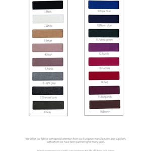 May include: Color chart from Punto di Roma featuring fabric swatches in various colors. The chart includes shades like black, white, beige, blush, ashes, light gray, charcoal gray, and gray. Additional colors are royal blue, navy blue, forest green, purple, fuchsia, red, burgundy, and brown.