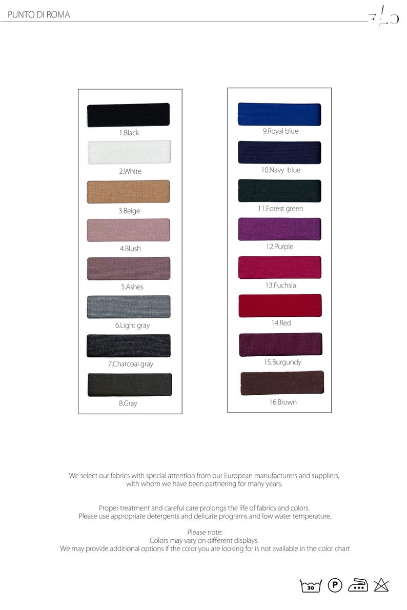 May include: Color chart from Punto di Roma featuring fabric swatches in various colors. The chart includes shades like black, white, beige, blush, ashes, light gray, charcoal gray, and gray. Additional colors are royal blue, navy blue, forest green, purple, fuchsia, red, burgundy, and brown.