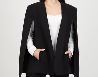 Handmade Black Cape Blazer - Elegant Poly-Viscose Crepe Jacket/F5065