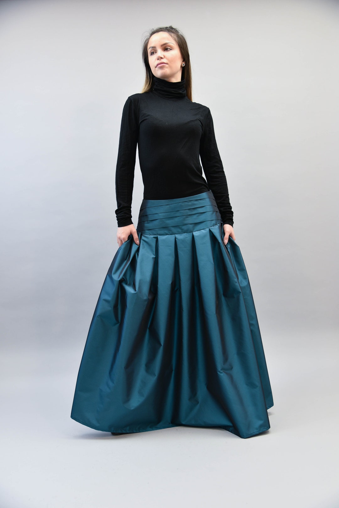 Lovely Blue Long Maxi Skirt/pleated High Waist Skirt/long Waistband ...