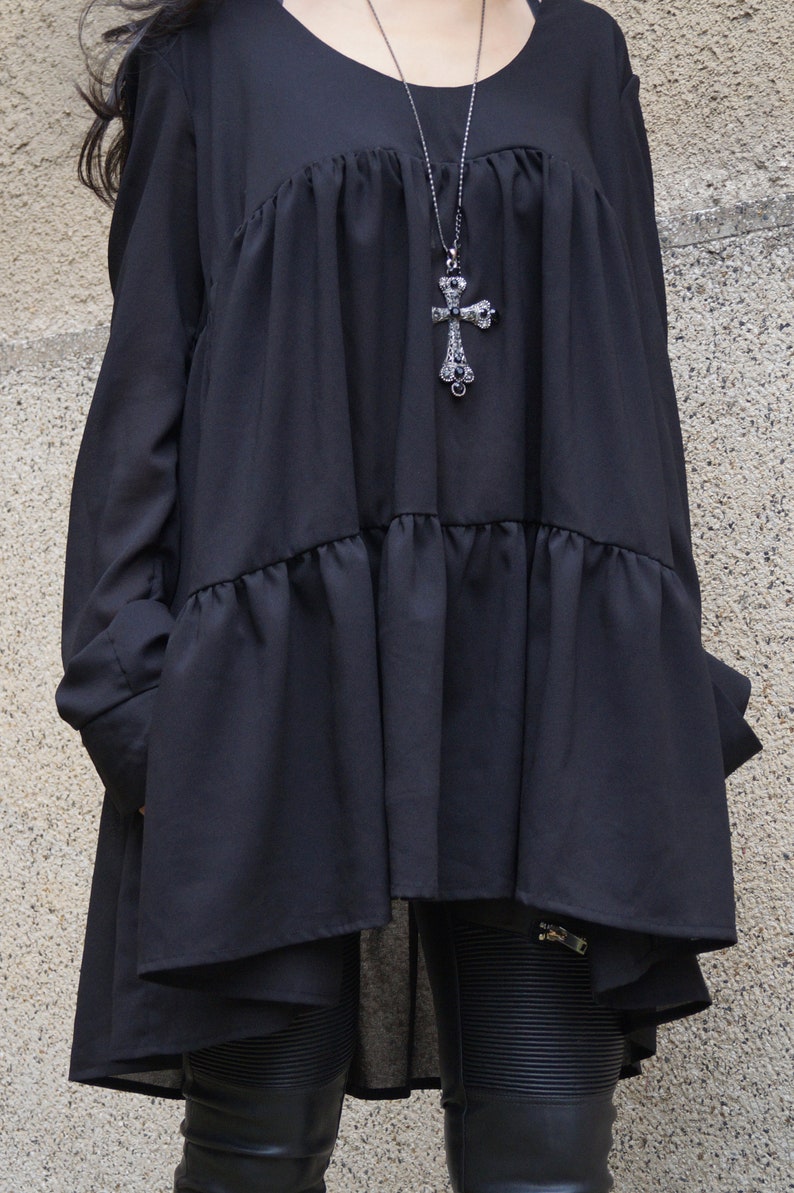 Women ShirtLong S.leeved ShirtRuffle ShirtBlack TopBlack ShirtFall shirtSexy ShirtFashion ShirtLoose Tunic Drape ShirtF1511