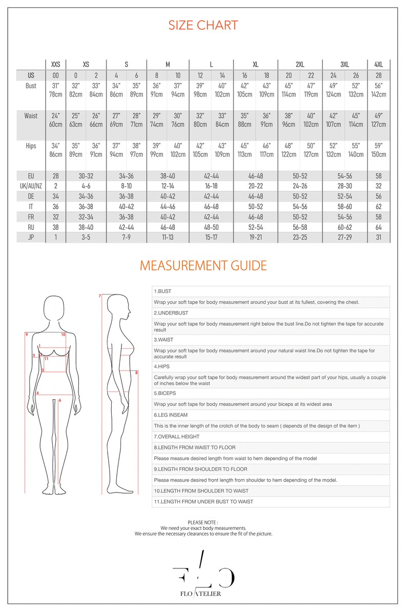 May include: Size chart for clothing with measurements in inches and centimeters. The chart includes US, UK/AU/NZ, EU, DE, IT, FR, RU, and JP sizes. The chart also includes a measurement guide with illustrations of how to measure different parts of the body.