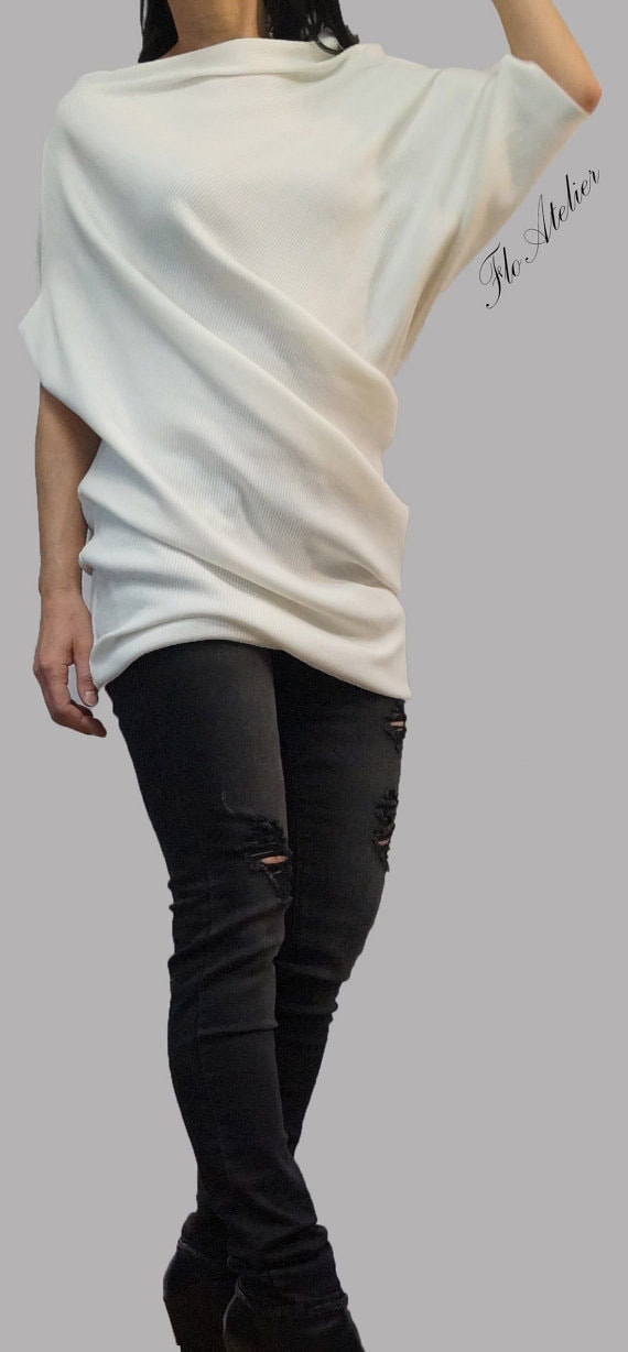 Oversized Asymmetrical Tunic/White Casual Top/Handmade Cotton Dress/Loose Woman Tunic/Cotton Blouse/Handmade White Sweater Dress/F1083