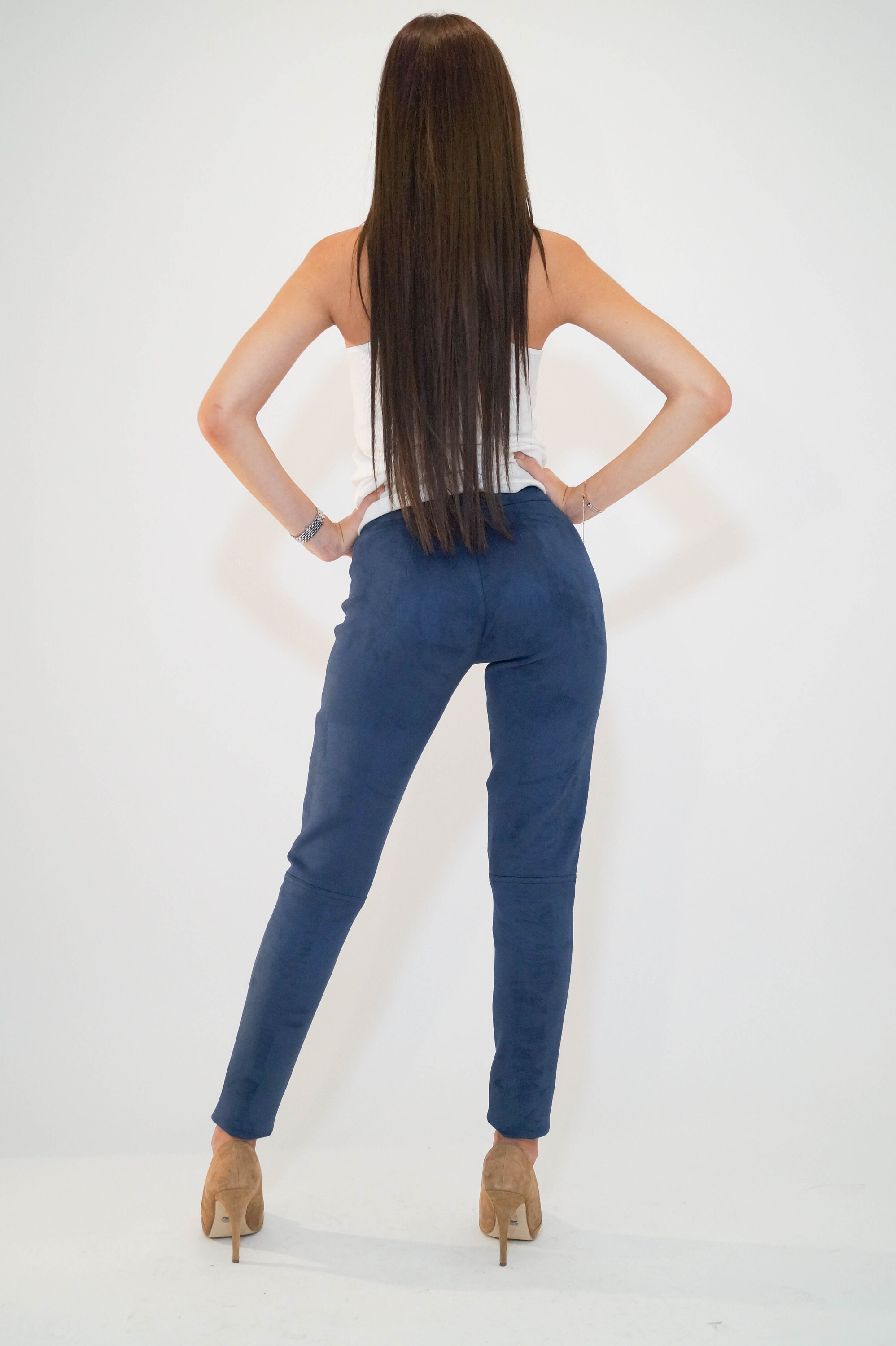 【SATIIIZ】Hoen Suede Pintuck Banding Pants Blue Suede Pants/stretchy Pants/leggings/skinny Pants/blue