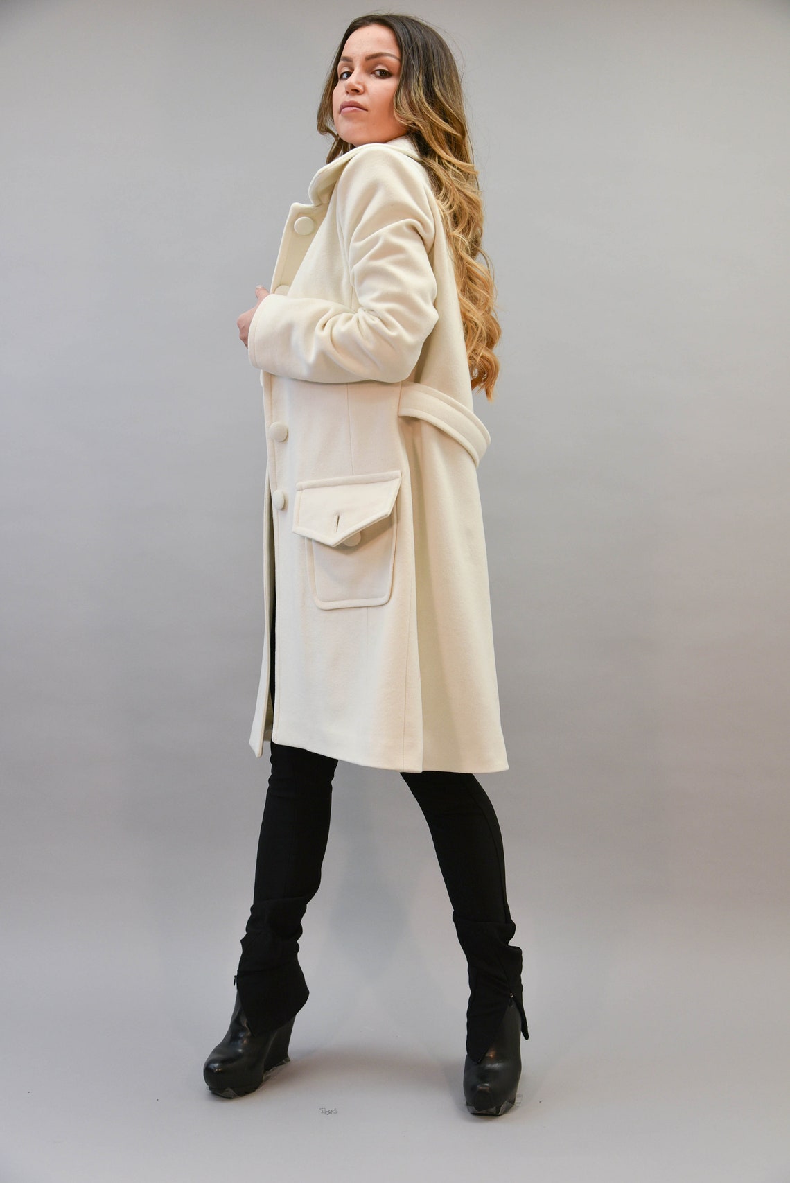 White Lined Coat/Cashmere Wool Coat/Winter Coat/Patch Pocket Etsy
