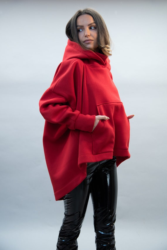 High Neck Hoodie /red Hoodie/ Oversized Loose Hoodie/ Cotton Polo