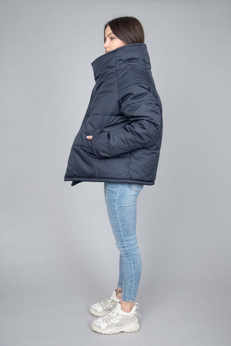 Oversized Quilted Polyester Jacket, High Neck Collar/F2287 image 4