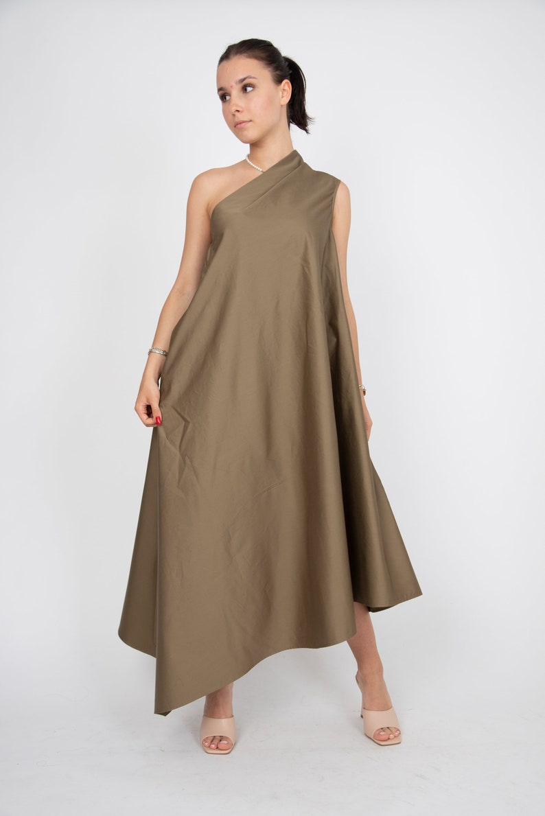 One Shoulder Dress/Green Kaftan/Asymmetrical Tunic/Cotton Maxi Dress/Beige Casual Kaftan/Party Dress/One Shoulder Dress/Stylish Dress/F2323 imagen 6