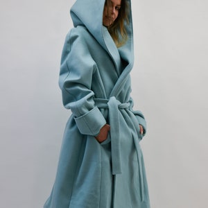 Hooded Long Wool Coat/Winter Cape Coat/Cashmere Wool Coat /Long Sleeve Trench Coat Large Pockets Coat/Casual Autumn Winter Blue Coat/F2208 image 2