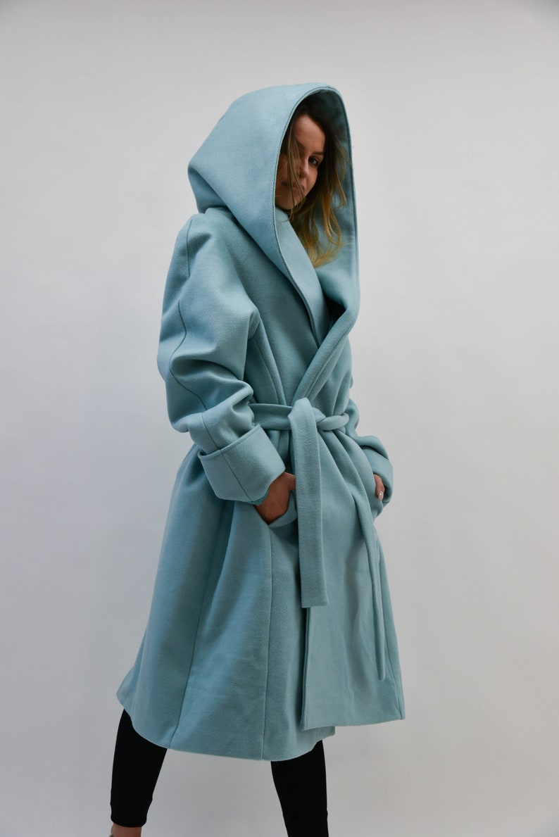Hooded Long Wool Coat/Winter Cape Coat/Cashmere Wool Coat /Long Sleeve Trench Coat Large Pockets Coat/Casual Autumn Winter Blue Coat/F2208 image 2
