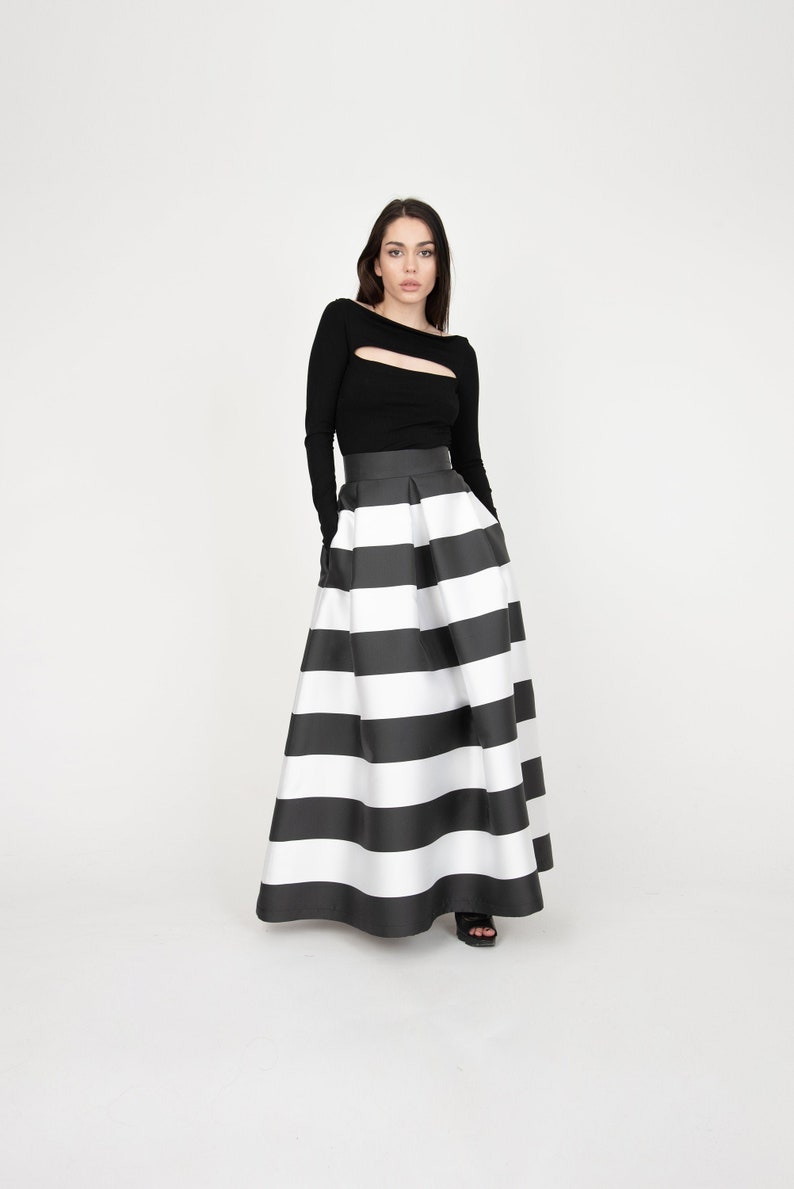 Black/White Long Maxi Skirt/High or Low Waist Skirt/Long Waistband Skirt/Handmade Striped Skirt/Black Stripe Skirt/Formal Skirt/Skirt/F1035 image 1