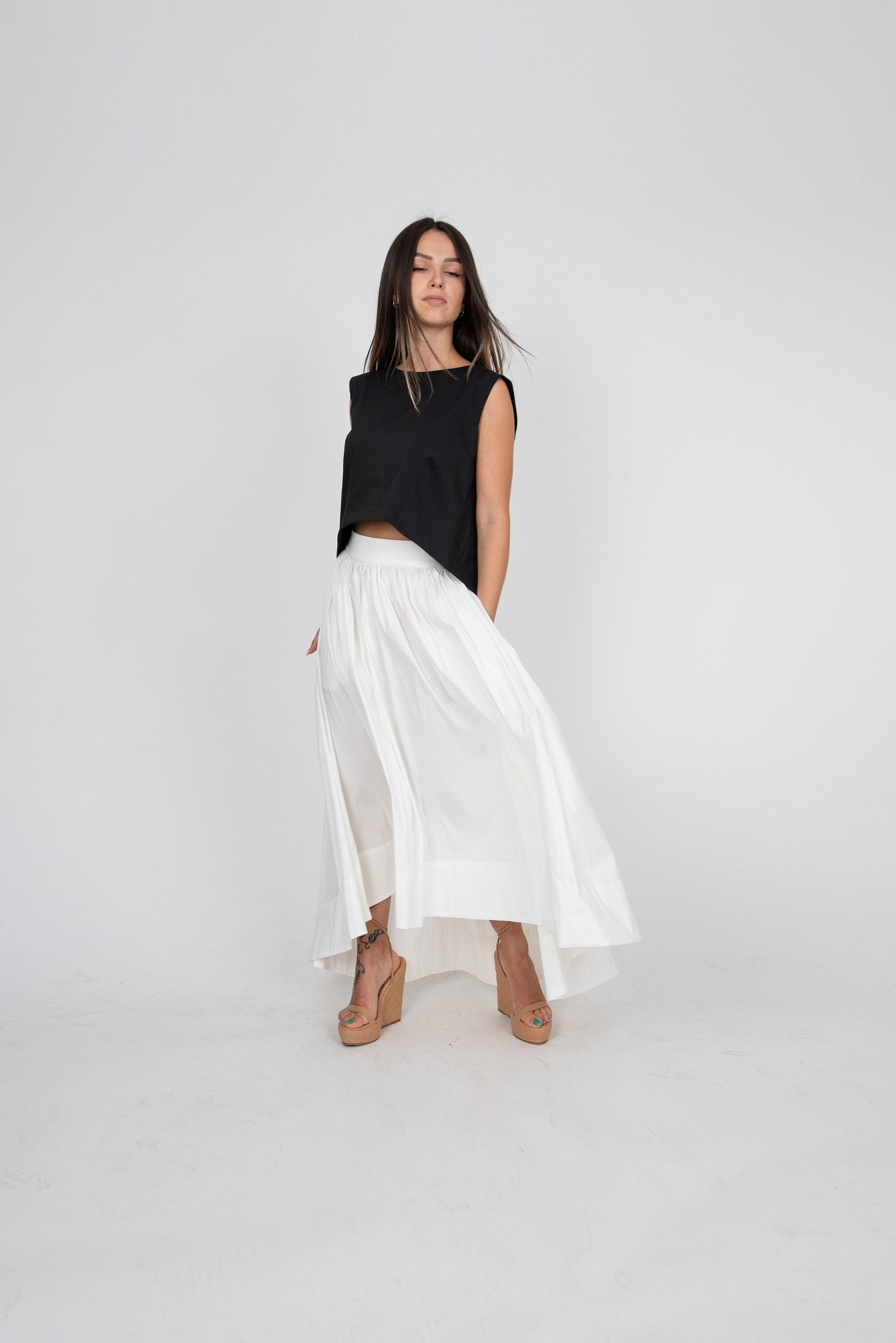 Lovely Long Maxi Skirt/High Waist Skirt/Long Waistband Skirt/Handmade Skirt/Gathered White Skirt/Formal Skirt/Asymmetrical Long Skirt/F2233