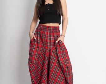 Asymmetrical Maxi Skirt: Handmade Plaid High-Low Waist/F5098