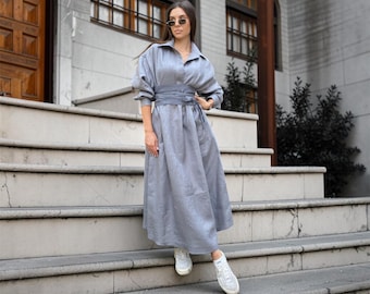 100% Linen Shirt Dress, Light Gray Maxi Kaftan with Belt, Pockets (Made to Order)