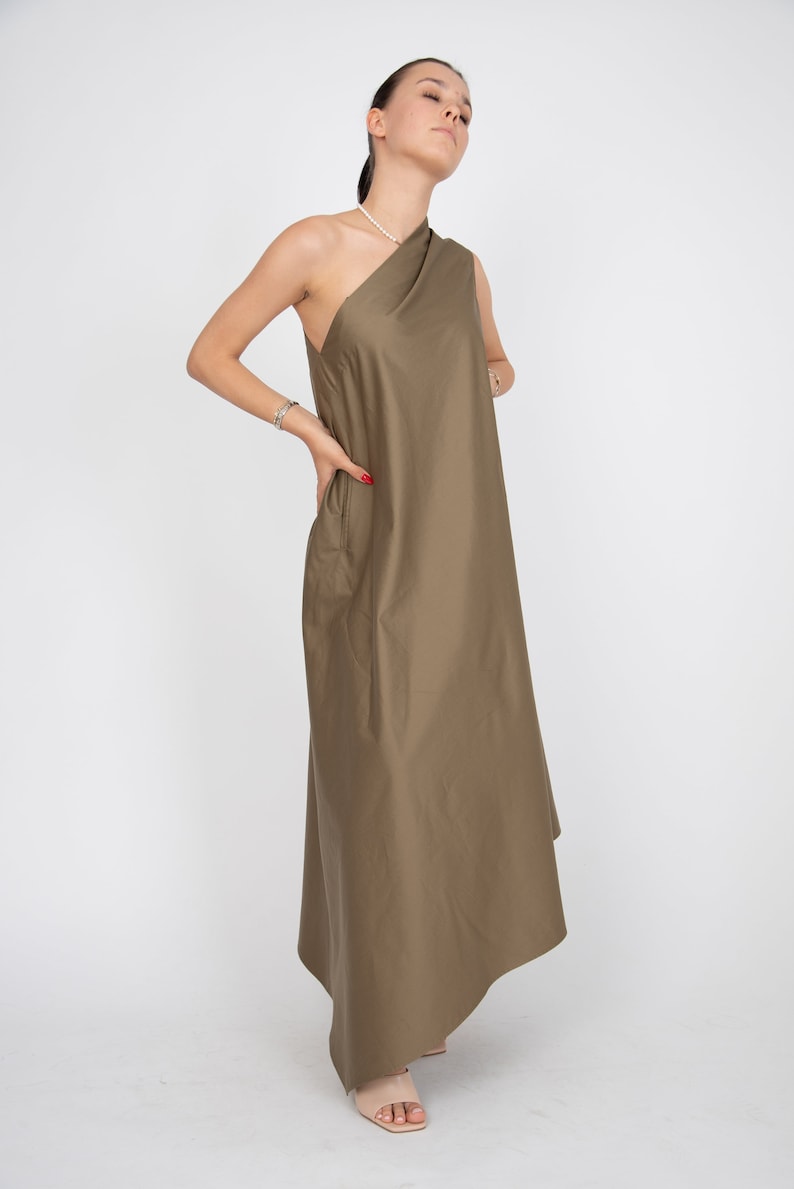 One Shoulder Dress/Green Kaftan/Asymmetrical Tunic/Cotton Maxi Dress/Beige Casual Kaftan/Party Dress/One Shoulder Dress/Stylish Dress/F2323 image 8