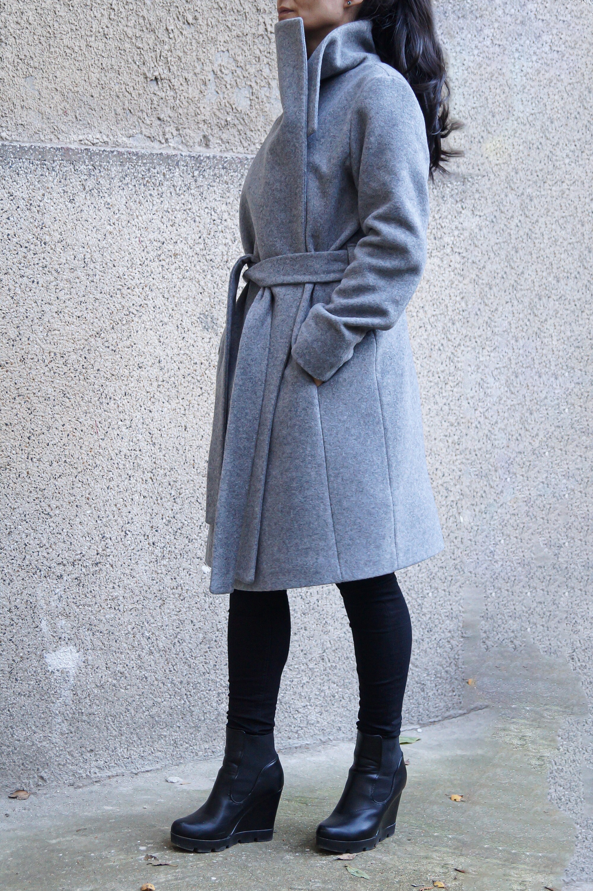 Vêtements Vêtements femme Vestes et manteaux Grey Lined Coat/Cashmere Wool Coat/Winter Coat/Belted Coat/XXL Coat/Masculine Coat/Symmetrical Coat/Autumn Winter Coat/Warm Coat/F1661 