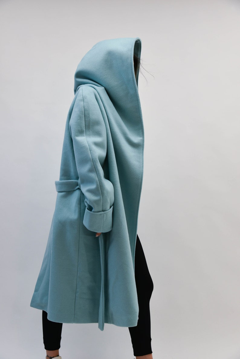 Hooded Long Wool Coat/Winter Cape Coat/Cashmere Wool Coat /Long Sleeve Trench Coat Large Pockets Coat/Casual Autumn Winter Blue Coat/F2208 image 5