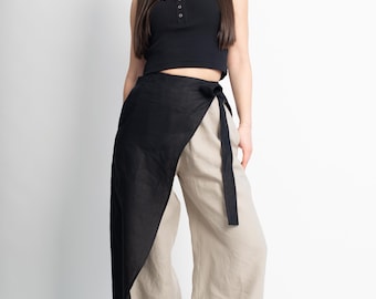 Custom Linen Pants with Wrap Skirt Overlay, Two-Tone Wide Leg Trousers/F5096