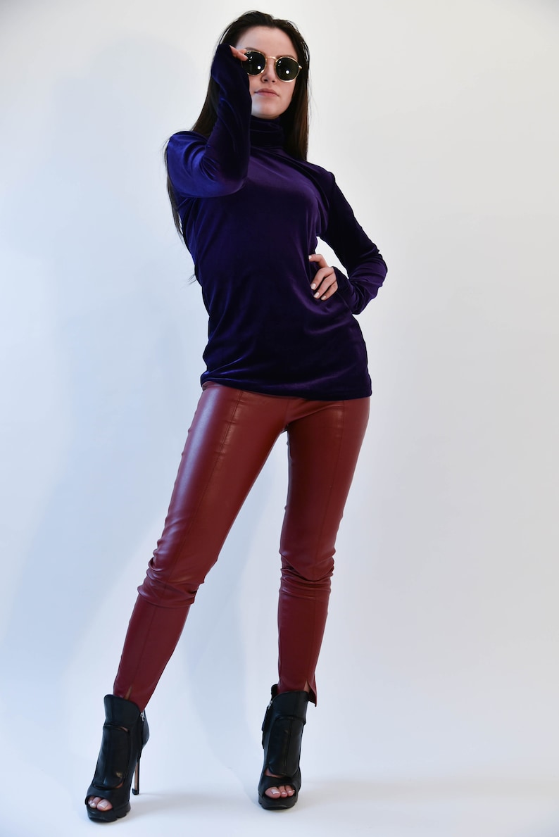 Purple Solid Color Fusion Style V-Neck Neckline Cotton Tunic main image 1