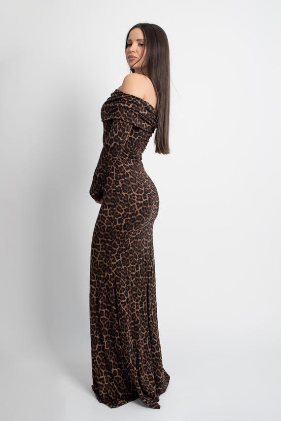 leopard off the shoulder dress Linka Off-Shoulder Tie Back Midi Dress Leopard Print Brown
