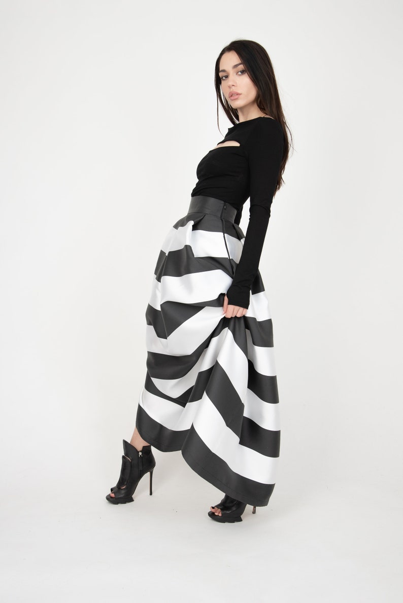 Black/White Long Maxi Skirt/High or Low Waist Skirt/Long Waistband Skirt/Handmade Striped Skirt/Black Stripe Skirt/Formal Skirt/Skirt/F1035 image 3