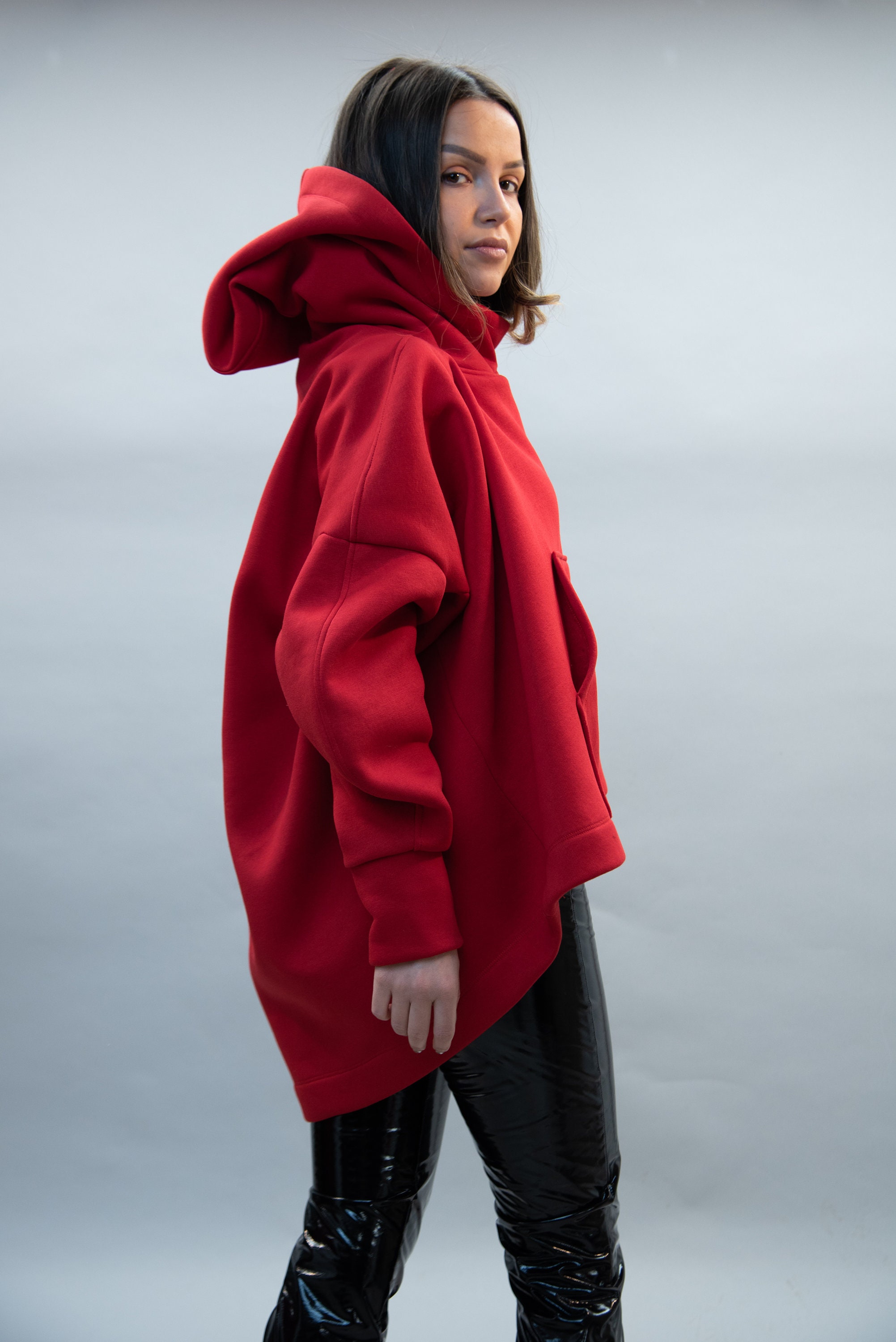 High Neck Hoodie /red Hoodie/ Loose Hoodie/ Etsy