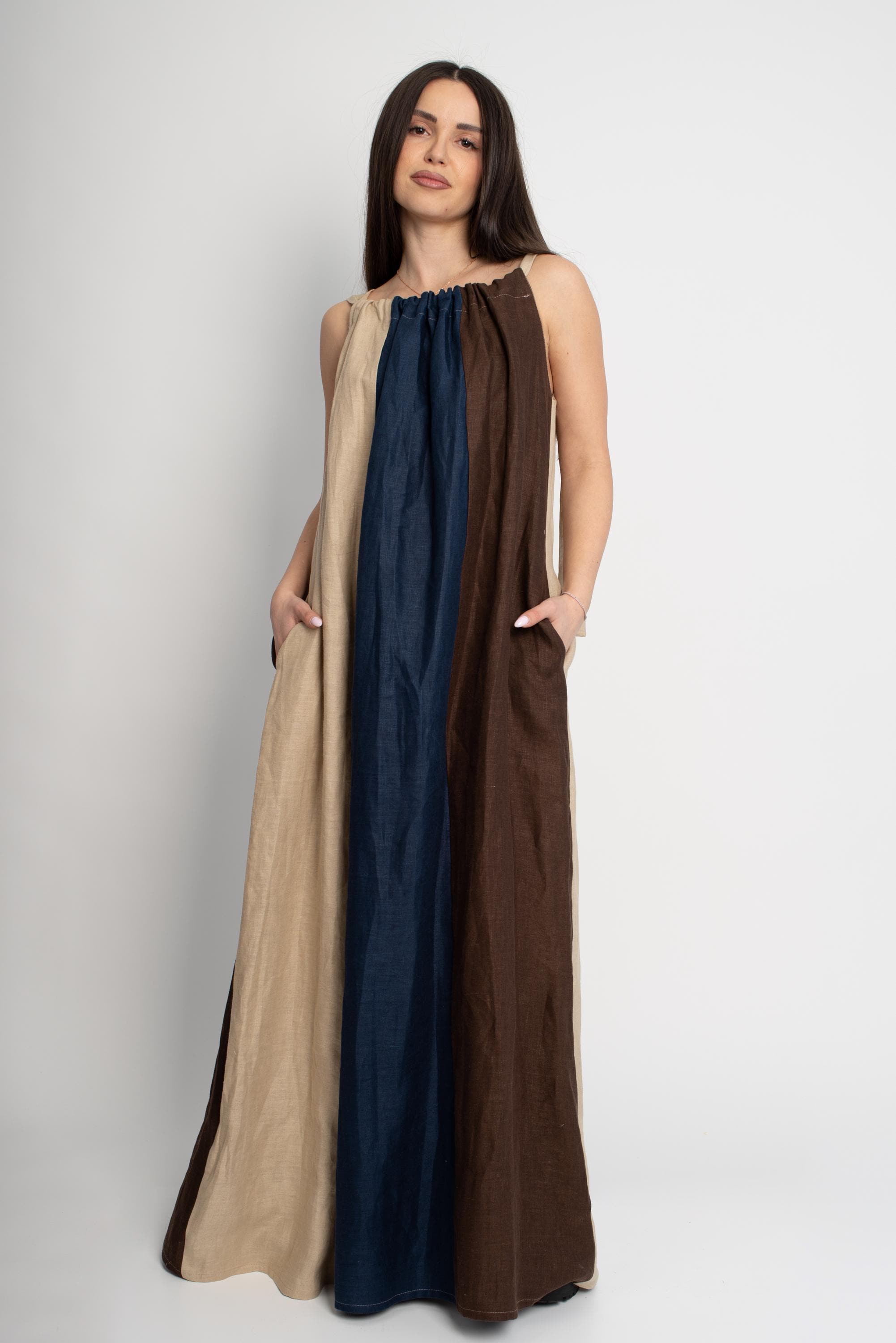 Bohemian Color-Block Linen Dress/Handmade Sleeveless Summer Dress/Sustainable & Breathable Fashion/Loose Dress/Sleeveless Long Dress/F5015