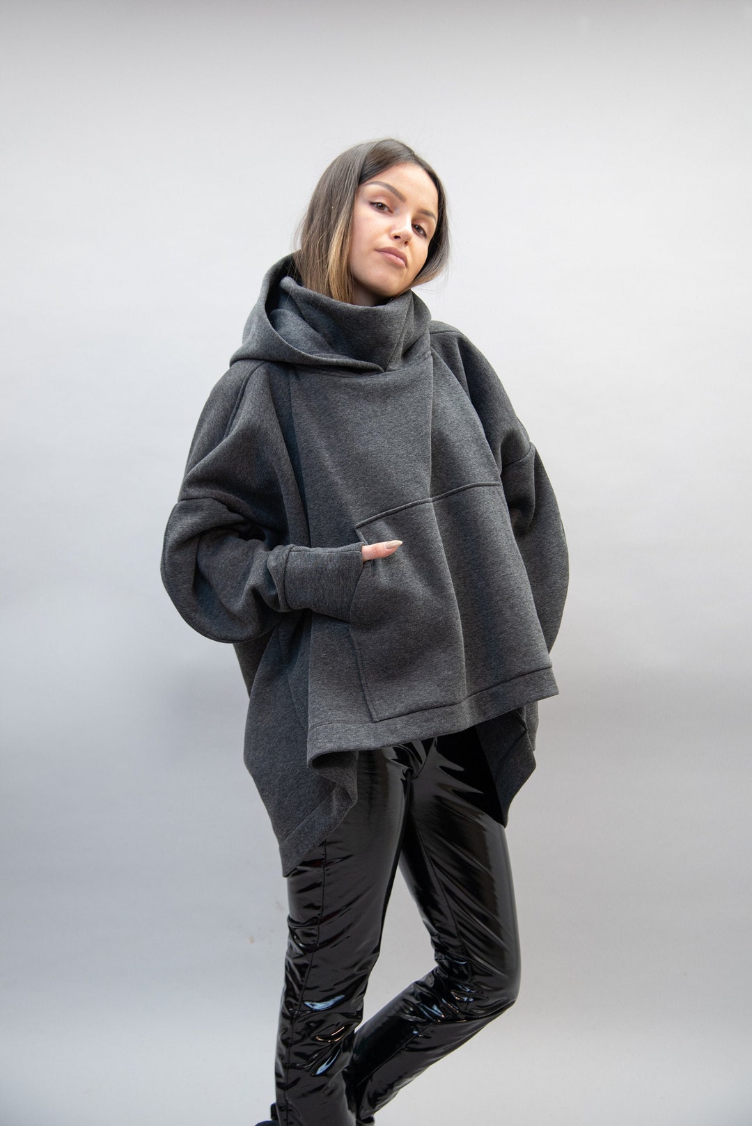 High Neck Hoodie /grey Hoodie/ Oversized Loose Hoodie/ Cotton Polo Hoodie/  Kangaroo Pocket Hoodie/red Oversized Sweatshirt/handmade/f2227 - Etsy