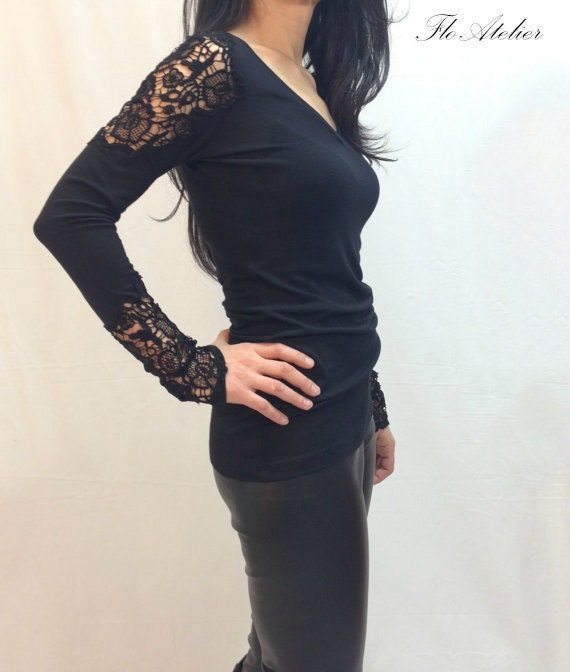 Black Cotton Lace Women Blouse/long Sleeve Lace Shirt/sexy Body Shirt/long  Sleeves Blouse/handmade Black Top/lace Black Top/f1150 