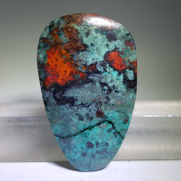 Sonora, Sonoran, sunset sunrise, chrysocolla and cuprite, red black blue, freeform teardrop custom cabochon, pendant natural stone cab Q16