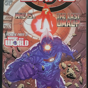 May include: Comic book cover for "OMAC" featuring a purple and blue character with a glowing eye and lightning-like patterns. The cover includes text such as "Who is the Last OMAC?" and "Brave New World."