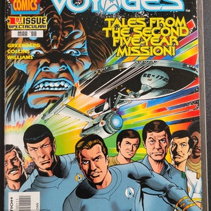 May include: A comic book cover featuring the Star Trek: Untold Voyages logo, a colorful illustration of the USS Enterprise, and a group of characters from the Star Trek franchise. The cover text reads "Tales from the Second Five Year Mission!"