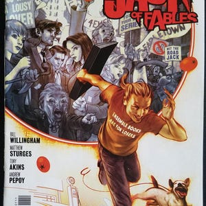 May include: Comic book cover for "Jack of Fables" #1, featuring a dynamic illustration of a man running with a dog, surrounded by a crowd of characters. The cover includes the Vertigo logo and the text "Ensemble Books Are For Losers."