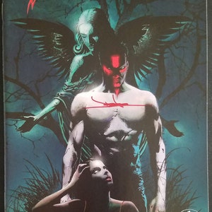 May include: Comic book cover art for "Hellshock" issue #1. The cover features a dark, moody scene with a man, a woman, and a winged figure. The man has red markings on his chest and face. The woman is wearing a red dress and has her hand on her head. The winged figure is behind them, with its wings spread out. The text "Hellshock" is in a large, bold font at the top of the cover. The text "Jae Lee" and "Jose Villarrubia" are at the bottom of the cover.