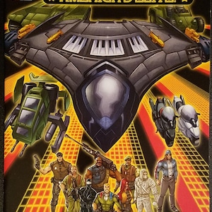 May include: G.I. Joe: America's Elite comic book cover. Depicts a futuristic vehicle, military vehicles, and a group of diverse characters. The cover includes the text "Data Desk Handbook" and "Everything You Need to Know About America's Elite!"