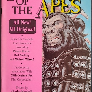 May include: Comic book cover for "Planet of the Apes." The title is in yellow, with a pink and blue background. An ape in armor is featured, with text that reads "All New! All Original!" and credits for the creators and illustrators.