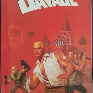 May include: A comic book cover featuring a red background with a white title "Doc Savage" and the text "The Discord Makers. Part I". The cover features a man with a white shirt and brown pants holding a gun, and two other men in the background.