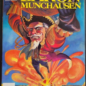 May include: Comic book cover for "The Adventures of Baron Munchausen" featuring a colorful illustration of the Baron. The cover has the text "TERRY GILLIAM'S THE ADVENTURES OF BARON MUNCHAUSEN" in yellow. The comic is a four-part mini-series.